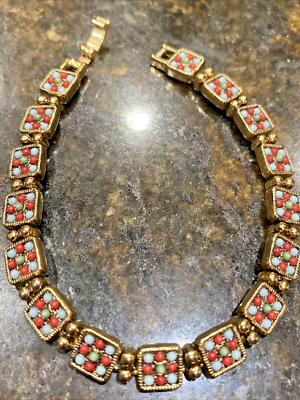 LC Vintage Liz Claiborne Bracelet Gold Tone Square Links w Blue