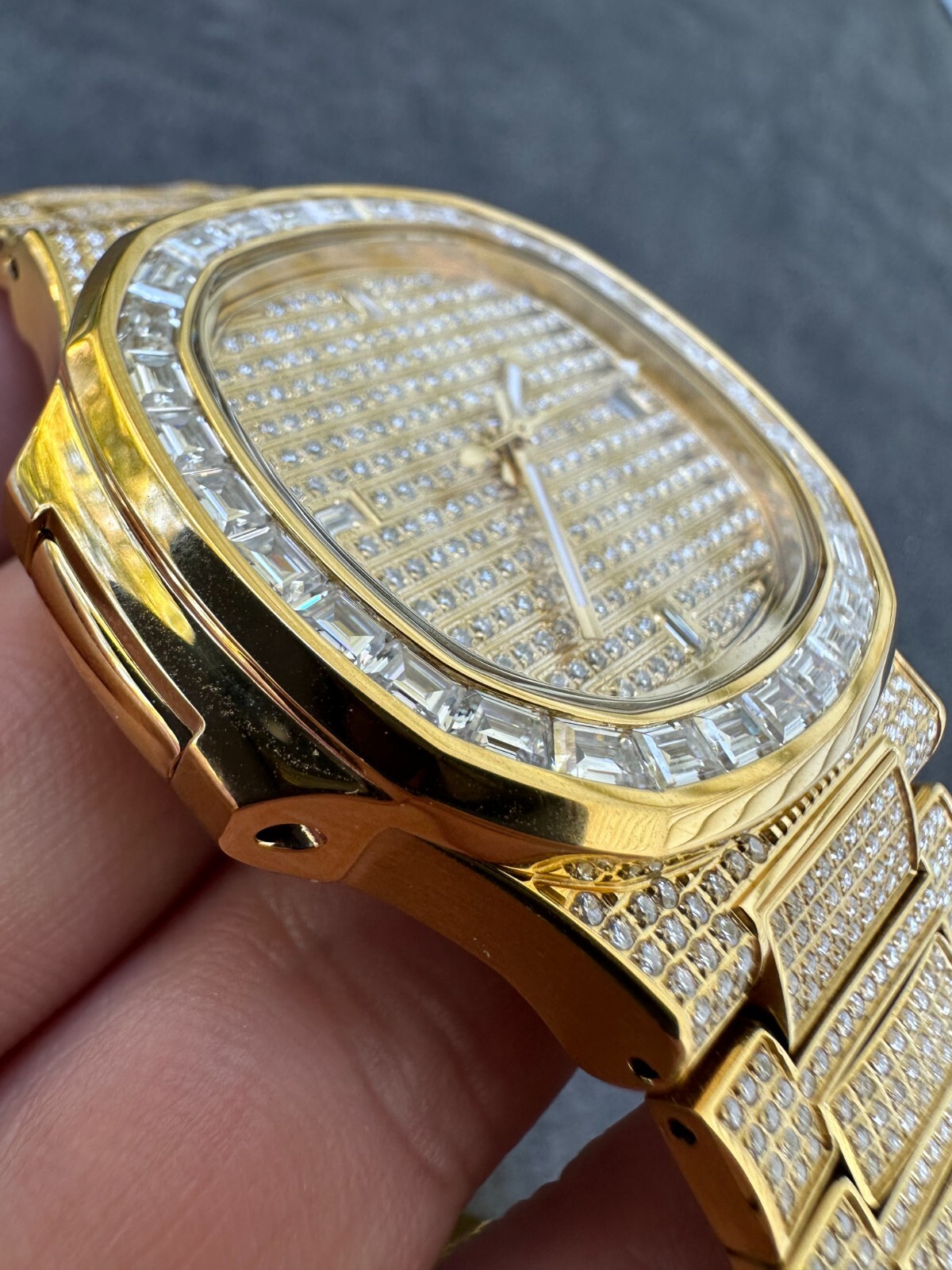 Pre-owned Real Mens Baguette 14k Gold  Moissanite Watch Iced Automatic Movement Hiphop