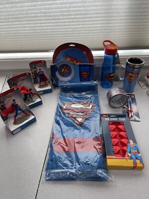 Superman Figurines Tape Pens Plate Scarf Coffee Mug Ice Cube Lot Of 10 Items