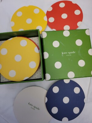 Kate Spade Round Polka Dot Paper 8 Coasters In Box