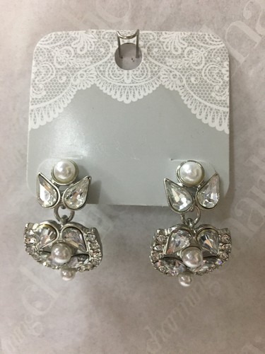 Charming Charlie RSVP Bridal Rhinestone Dangle Earrings Silver Pearl Drop Flower