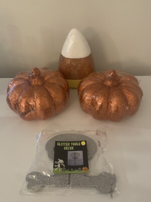 NIP Set of 4 Glitter Halloween Decoration Pumpkins Skull Candy Corn Fall Orange