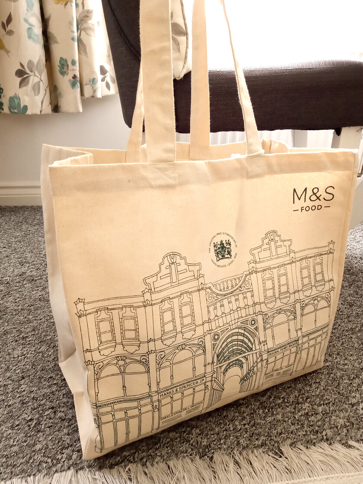 M S Cotton Large Shopping Tote Bag Cream Canvas Store Front Print 40x36x22