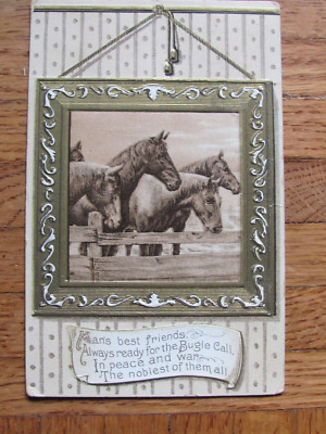 1910 POSTCARD HORSE MAN'S BEST FRIEND READY FOR BUGLE CALL IN PEACE AND WAR