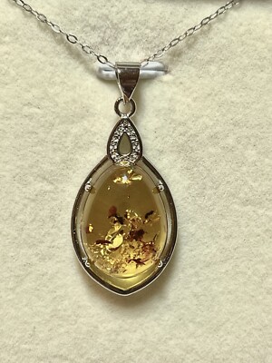Beautiful Natural Flower Amber Pendant 925 Sterling Silver Necklace