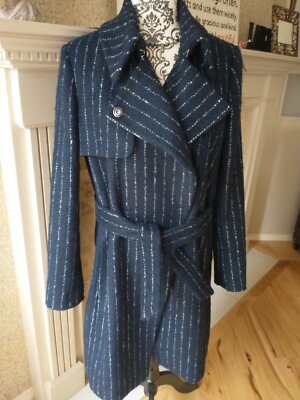 ladies SISLEY wool blend navy blue pinstripe double breasted belted coat size 6 