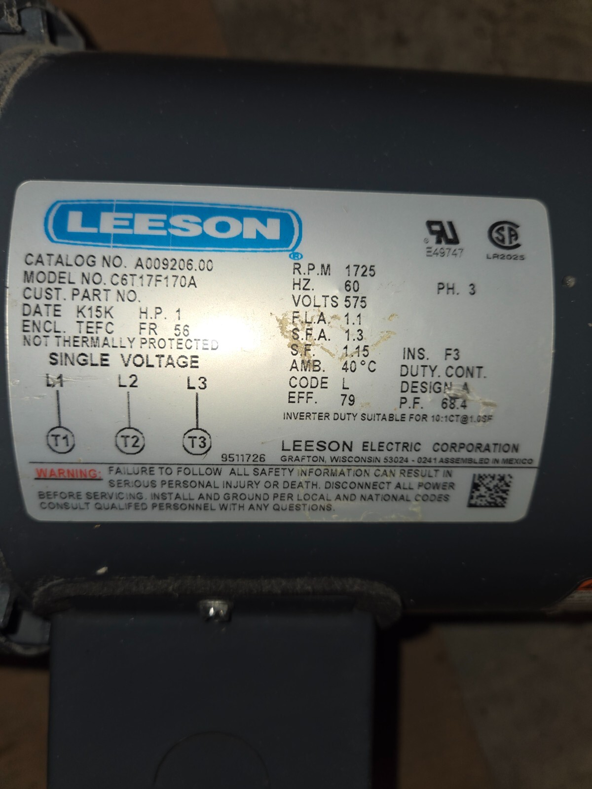 Leeson C6T17F17A Electric Motor 1 HP, 1725 RPM, 3ph 575V | eBay