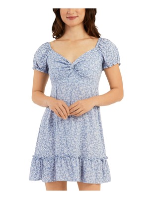 BCX Womens Blue Twist Front Short Sleeve Short Fit + Flare Dress Juniors L