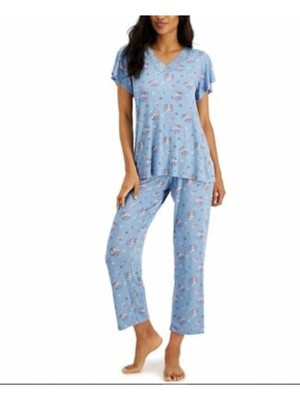 

CHARTER CLUB Женские синие топы с кружевной отделкой, прямые брюки, пижамы Petites, Синий