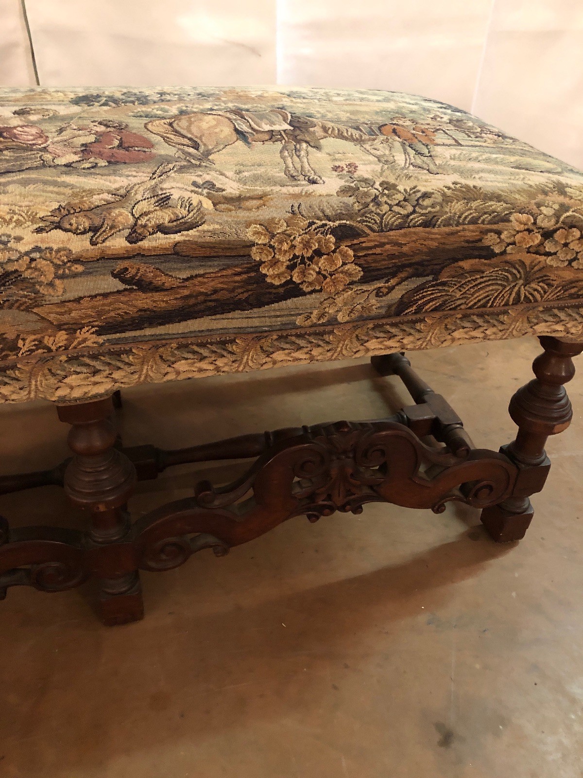 Antique French Hand Carved Bench With Antique Tapestry