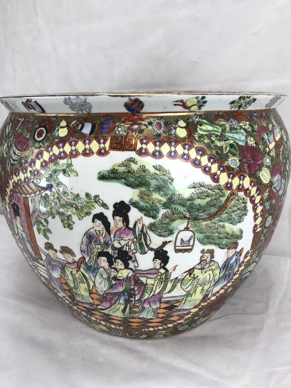 Antique Large Chinese Oriental Asian Pottery Porcelain Fish Bowl Planter Stamped