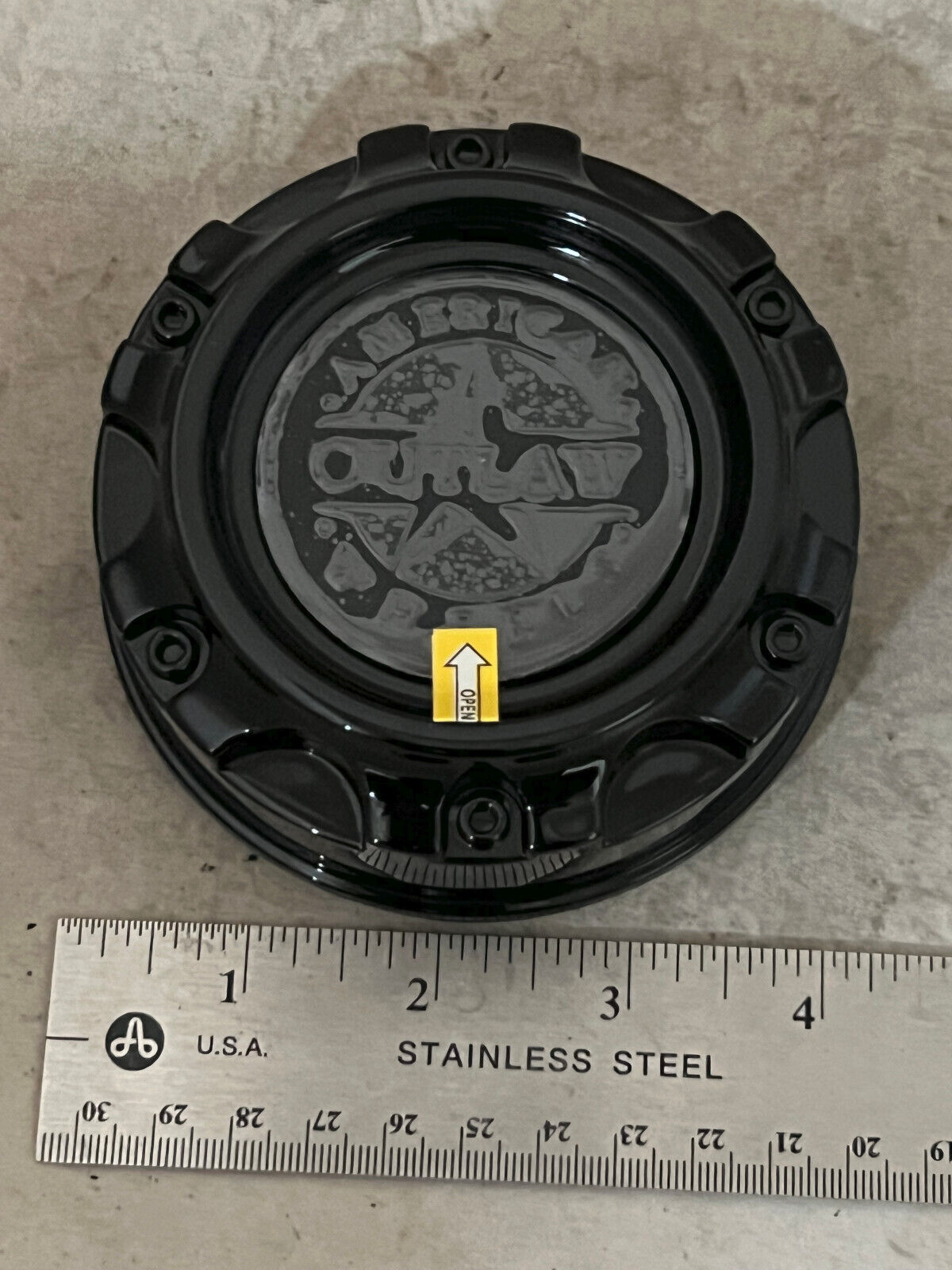 NEW American Outlaw Gloss Black Wheel Rim Hub Cover Center NEW American Outlaw Gloss Black Wheel Rim Hub Cover Center