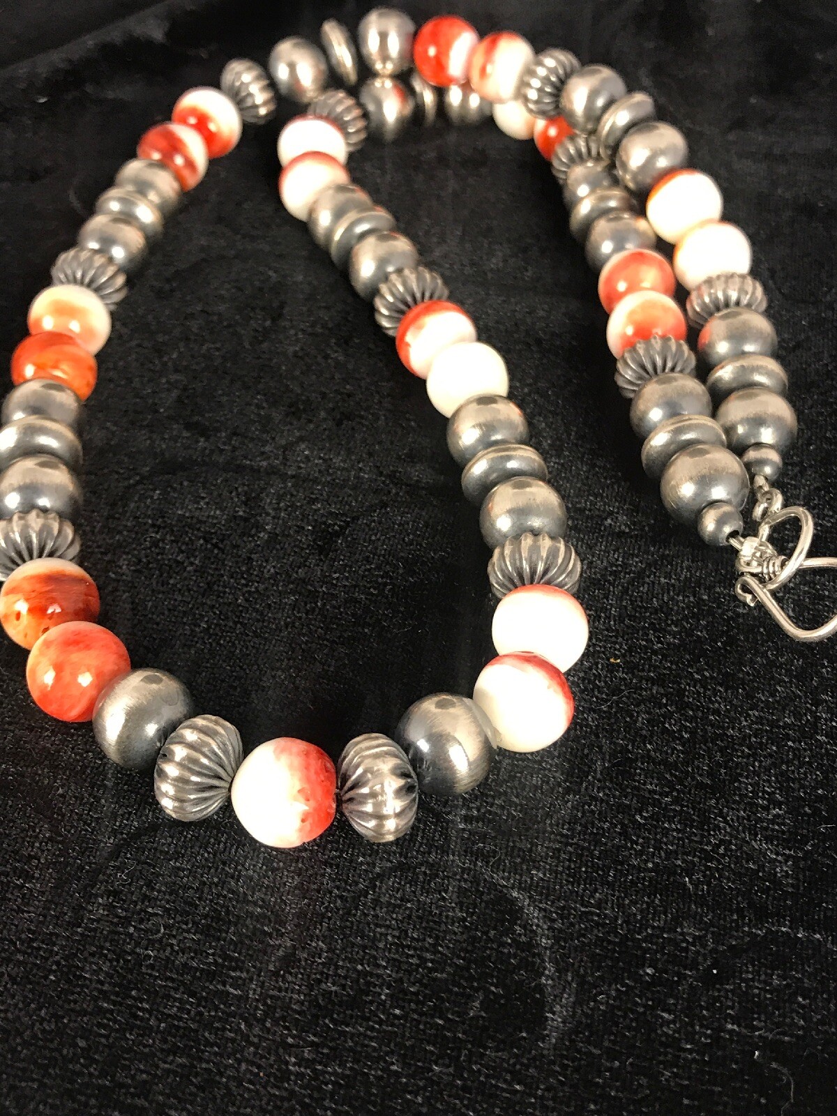 Pre-owned Handmade Spiny Oyster Navajo Sterling Silver Beads Necklace 21” 8533 In Orange