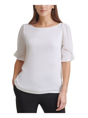 

DKNY Женская белая блузка для работы с рукавами до локтя и отделкой из искусственного жемчуга, Белый