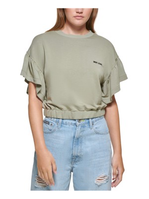 

DKNY JEANS Женский зеленый укороченный топ в рубчик с эластичной талией и рукавами-крылышками с круглым вырезом