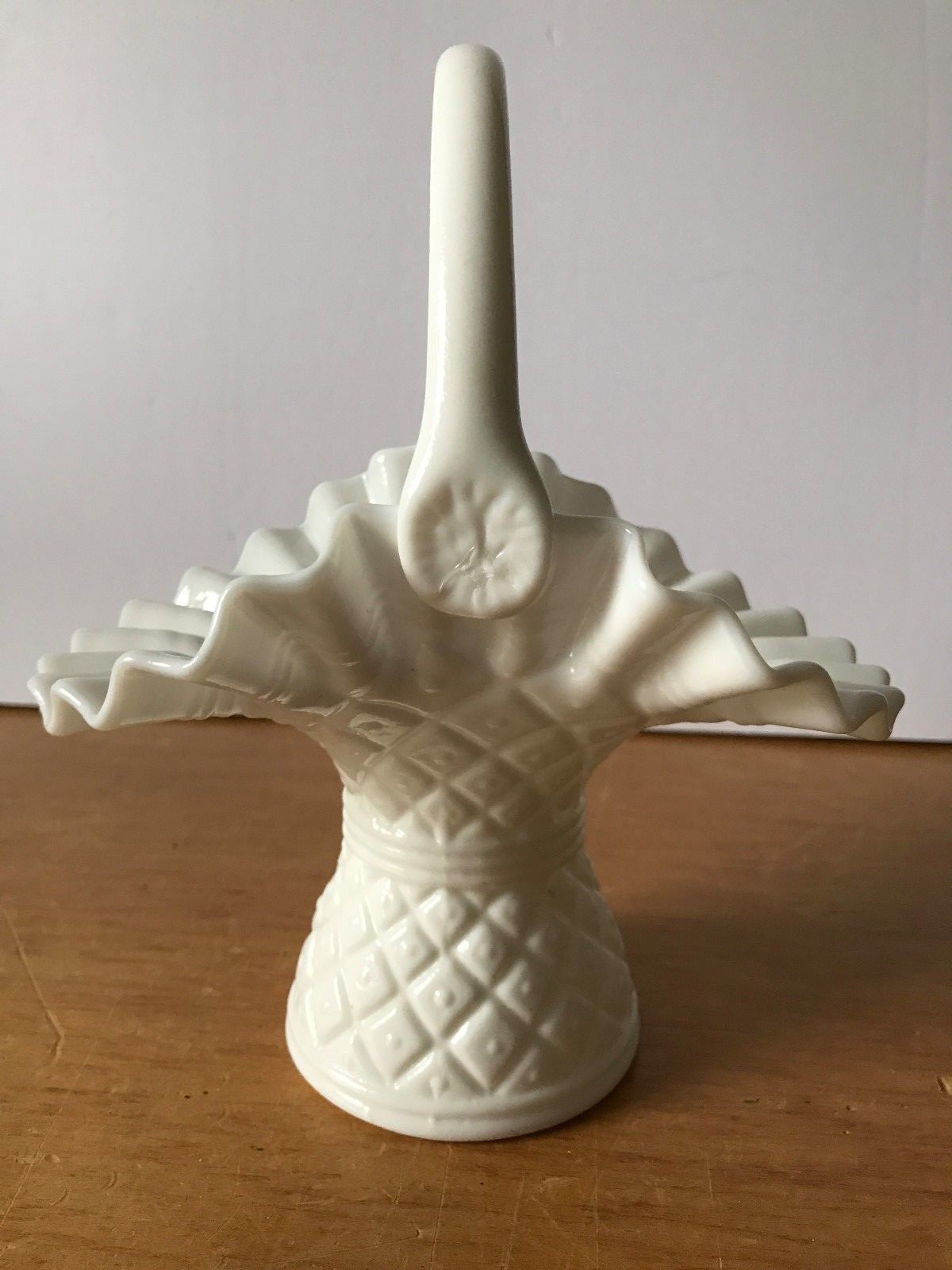 Milk Glass Basket Vase with Handle & Ruffle Edge