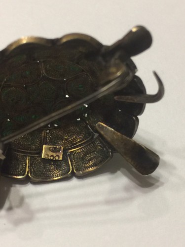 800 Stamped Silver Filigree Green Enamel TURTLE Pin Brooch From Estate