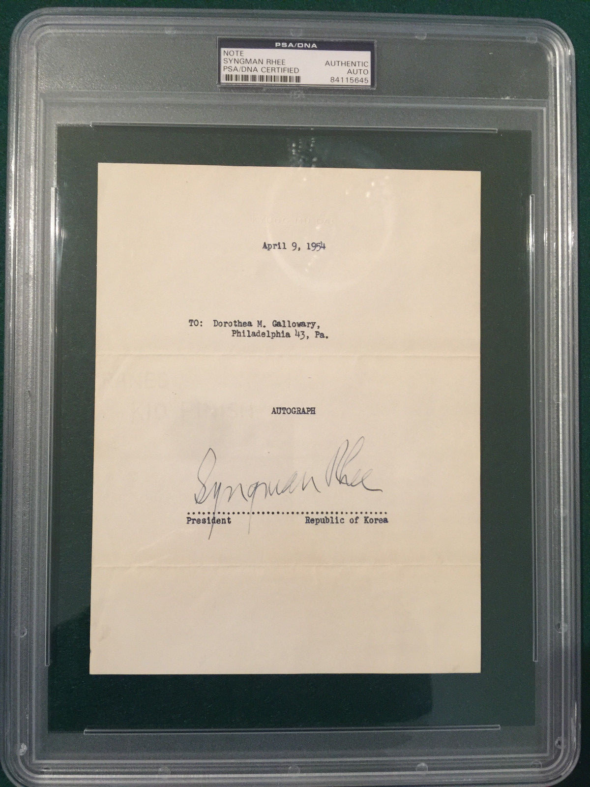 SYNGMAN RHEE PSA/DNA AUTOGRAPHED 1954  NOTE, VERY RARE, INVESTMENT GRADE,S KOREA