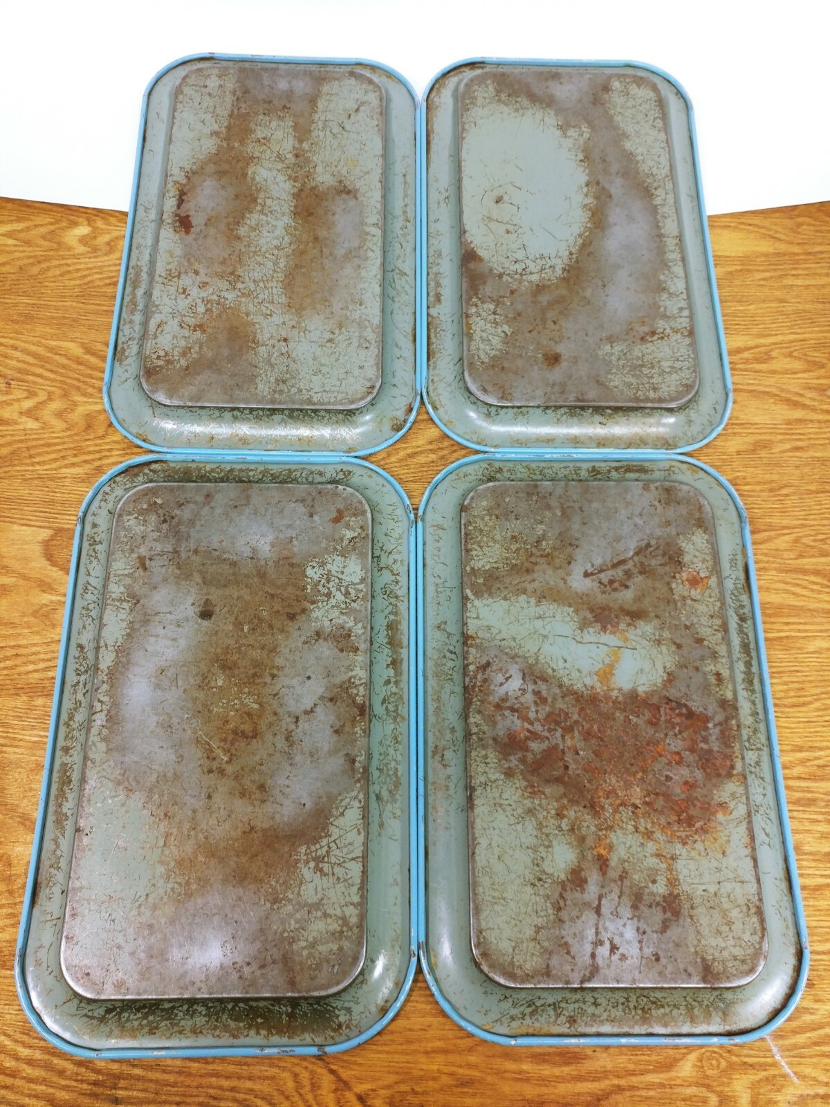 Old Vintage 4 Metal Lap Trays Light Blue w Lace Serving Trays 14" x 9