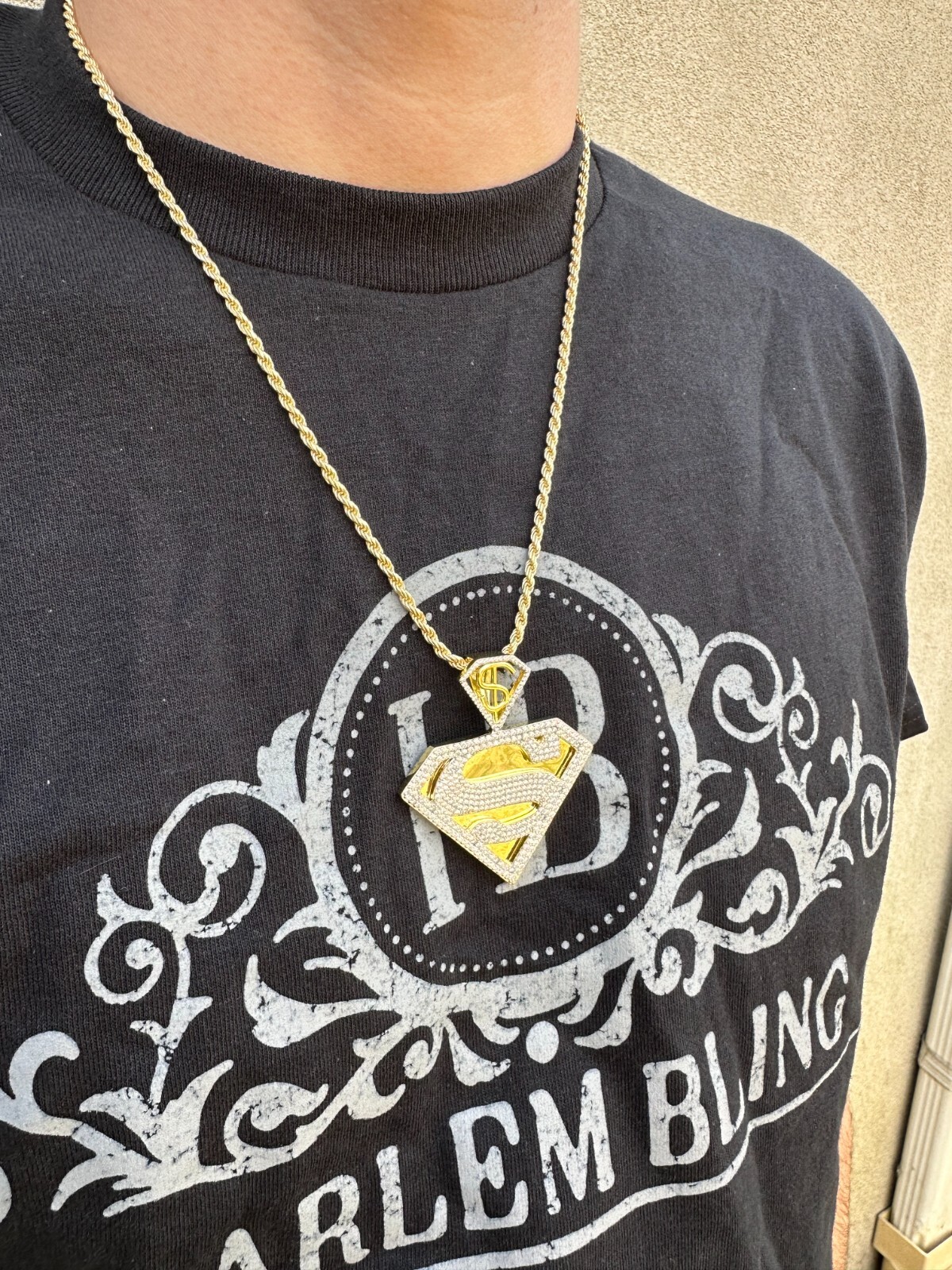 Pre-owned Harlembling Moissanite Real 925 Silver/gold Plated Iced Superman Superhero Pendant Necklace In White