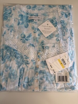 EILEEN WEST AQUA ROSE Cap Sleeve COTTON LAWN CHEMISE Long NIGHTGOWN Size M New!
