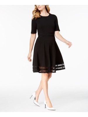 

CALVIN KLEIN Womens Black Illusion Trim At Hem с рукавом до локтя + расклешенное платье, Черный