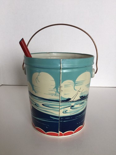 Vintage Tin Litho Sand Pail And Shovel, Children Playing At The Beach