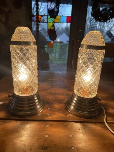 Set Of 2 Vintage Art Deco 11 Inch Clear Glass Tower Desk Lam