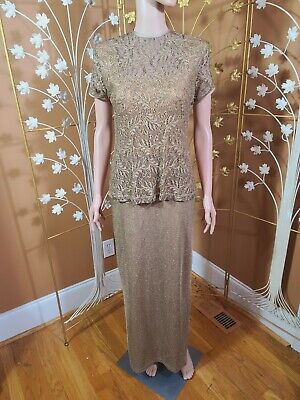 Size 6 Gold Tone Long Dress Gown Lace One Piece Elegant Formal  Jeffrey & Dara 