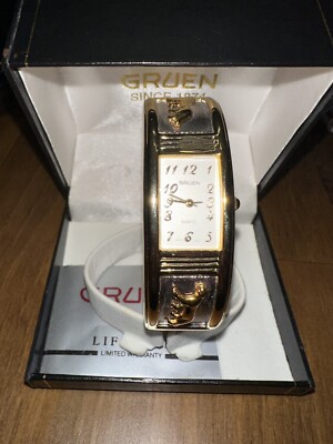 Vintage Gruen Stainless Steel Hinged Watch Panther Cuff Gold/Silver Tone, NIB