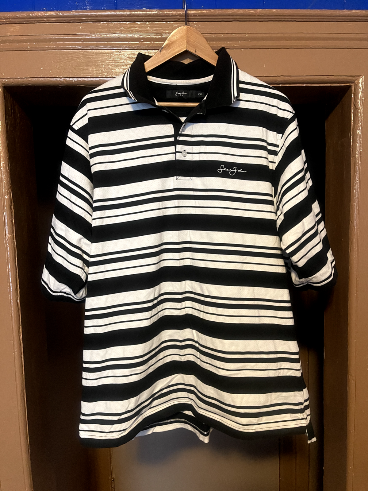 SEAN JOHN POLO SHIRT 2XL BLACK/WHITE STRIPES Casual Fun SEAN JOHN POLO SHIRT 2XL BLACK/WHITE STRIPES Casual Fun