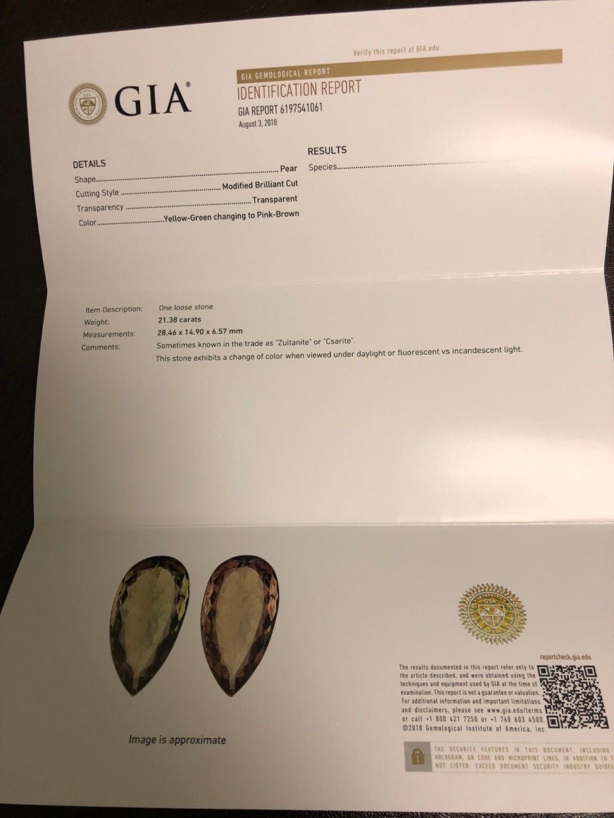 21.38 Ct Csarite Loose Gem, Brilliant Cut Yellow-Green changing to Pink-Brown