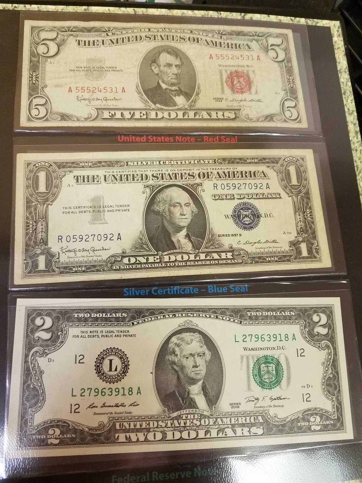Nice Red, Green, and Blue seals on $ 1, $2, & $5!
