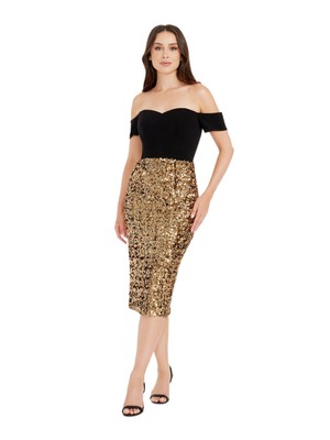 DRESS THE POPULATION Womens Gold Bodice Boning Slit Back Midi Dress XXL