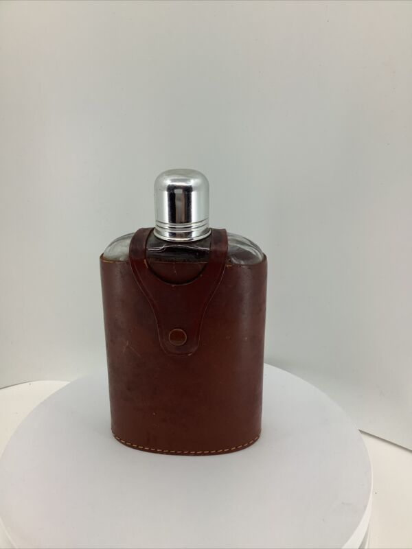 Glass Flask With Leather Saddle Pouch Made In England Case Vintage.