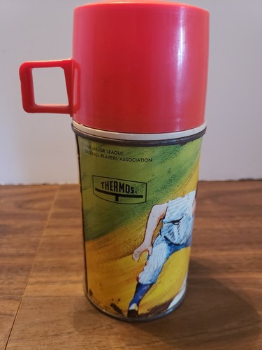 VINTAGE METAL THERMOS BASEBALL CUP W RED PLASTIC LID KING-SEELEY 1968 2805 MLB