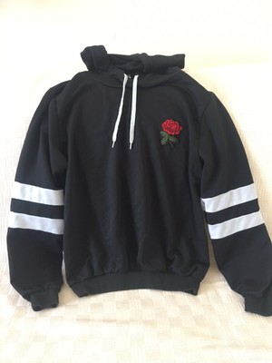 rose patch stripe sleeve drawstring hoodie