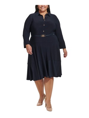 TOMMY HILFIGER Womens Navy Jersey Button Down Roll-tab Shirt Dress Plus 16W
