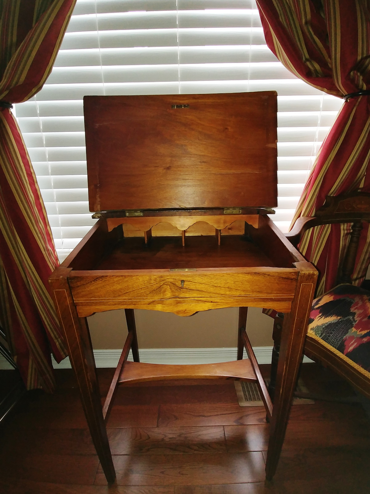 Early French Louis XVI mahogany Tambour inlaid writing table / Bureau De Dame