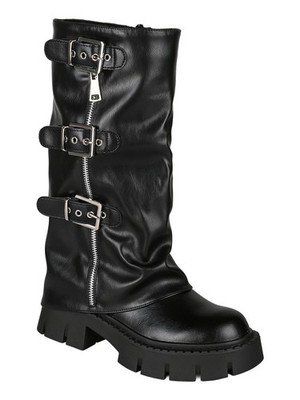 Martin Pescatore Stivaletti chunky donna a doppio strato con fibbie e zip - nero