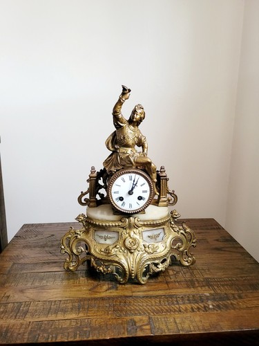 Antique 1890s French Gilt Figural Marble Ormolu Mantle Clock