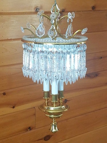 Vtg Hollywood Regency Crystal Hanging Chandelier Swag Light/Lamp