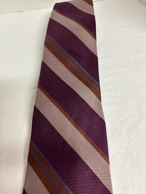 Hickey Freeman Men's Tie Stripped Plum/Blue/Tan/Brown 58.5'' x3.5'' 100% Silk USA