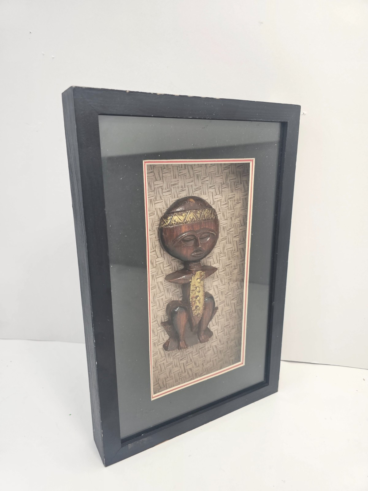 Vintage African Style Carved Wood Figure Shadowbox Framed Wall Art Woven Mat