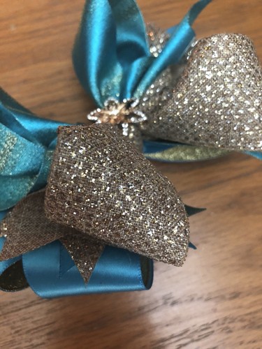 Glittery Turquoise and Gold Elegant,  Hair Bow, 5