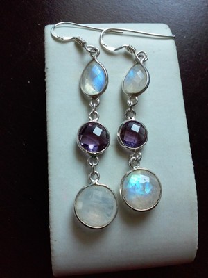 Moonstone & Amethyst REAL 925 Sterling Silver Dangle Pierced Earrings - 4.3g