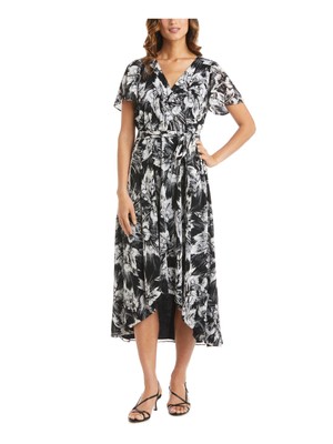 

R-M RICHARDS Женское платье миди с черным галстуком и короткими рукавами и искусственным запахом, Черный