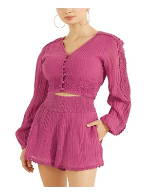 

GUESS Женский фиолетовый укороченный топ с длинными рукавами и V-образным вырезом