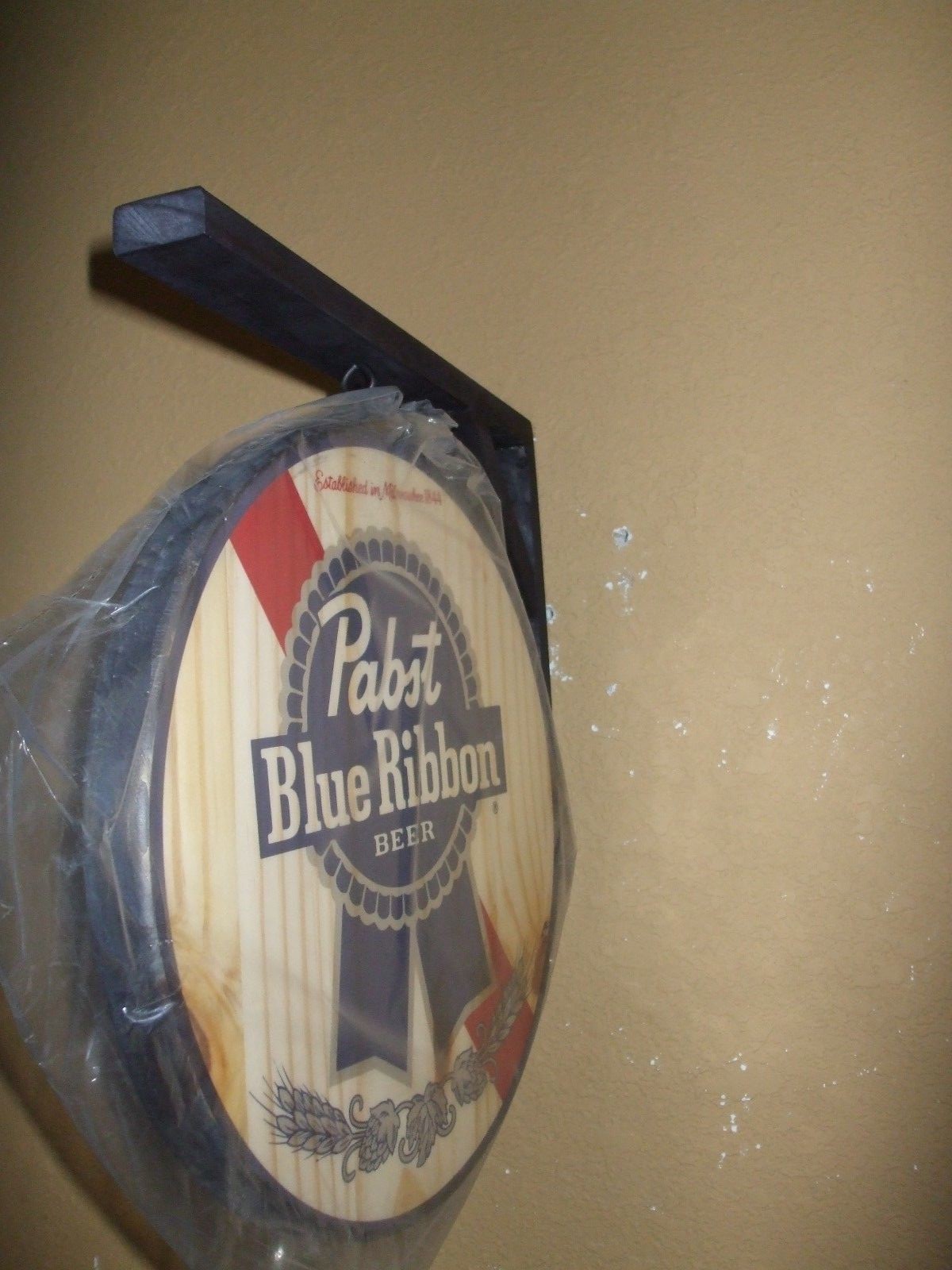 PABST BLUE RIBBON PBR DOUBLE SIDED WOODEN HANGING SIGN MAN CAVE BEER