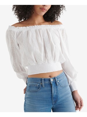 

LUCKY BRAND Женский белый кружевной прозрачный топ с открытыми плечами и длинными рукавами со сборками